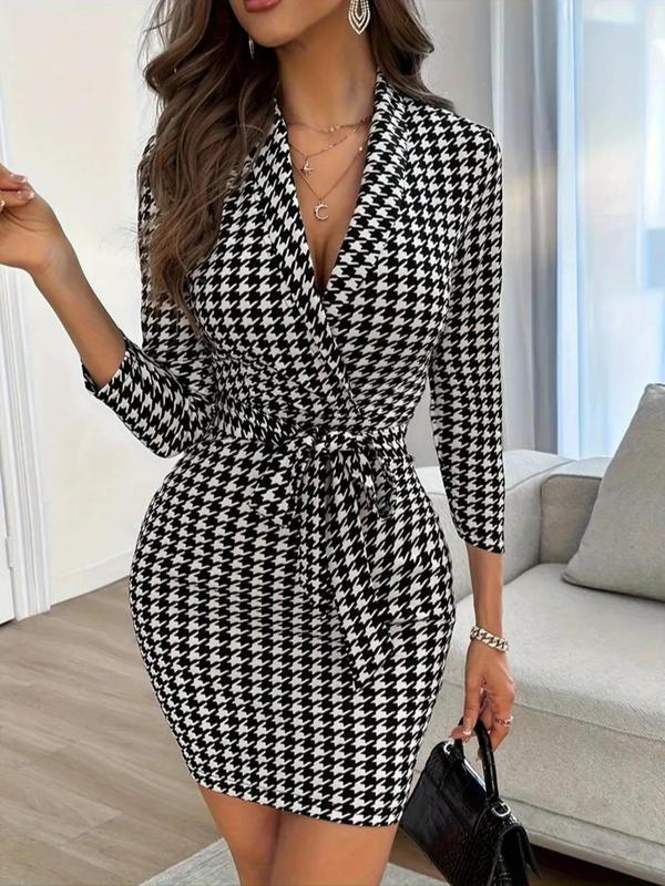 Women's Houndstooth Print Belted Wrap Bodycon Dress, Elegant Shawl Collar 3 4 Sleeve Short Dress for Spring & Fall, Women's Clothing for Daily Wear