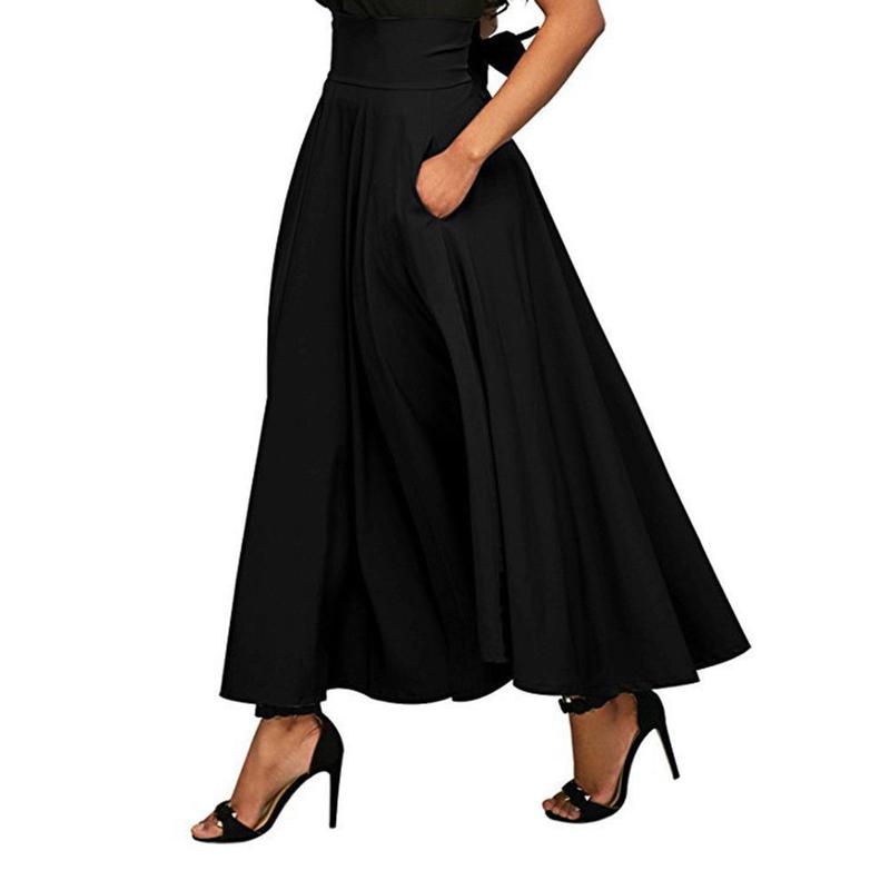 Women' s High Waist Skirt A Line Pleated Skirt Belted Ankle Length Skirt with Pockets