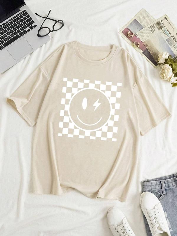 Women's Cartoon Face & Plaid Print Round Neck Tee, Casual Drop Shoulder Half Sleeve Graphic T-shirt, Graphic Tees, Ladies Summer Back To School Outfit for Daily Wear, Birthday Gifts