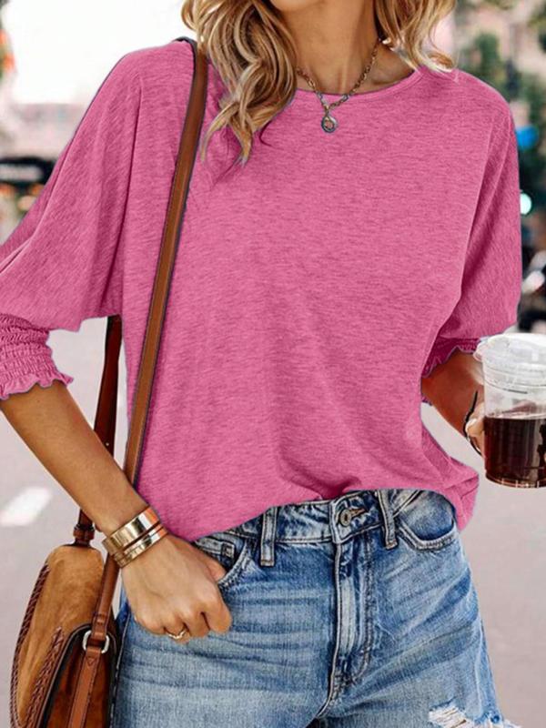 Women's Plain Frill Trim Shirred Bishop Sleeve Tee, Casual Round Neck 3 4 Sleeve T-Shirt for Summer, Fashion Simple Women's Top for Daily Wear, Downtown Girl Clothes, Fall Clothes