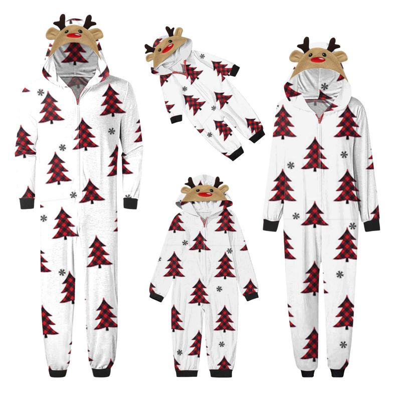 Family Christmas Pajamas, Long Sleeve Elk Christmas Tree Plaid Snowflake Print Hooded Jumpsuit Sleepwear Womenswear Check