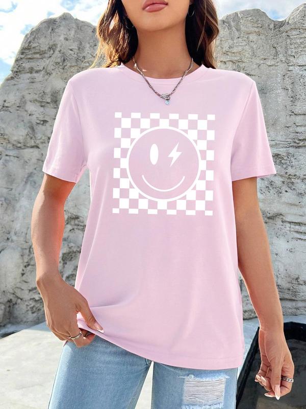 Women's Cartoon Face & Plaid Print Round Neck Tee, Casual Drop Shoulder Half Sleeve Graphic T-shirt, Graphic Tees, Ladies Summer Back To School Outfit for Daily Wear, Birthday Gifts