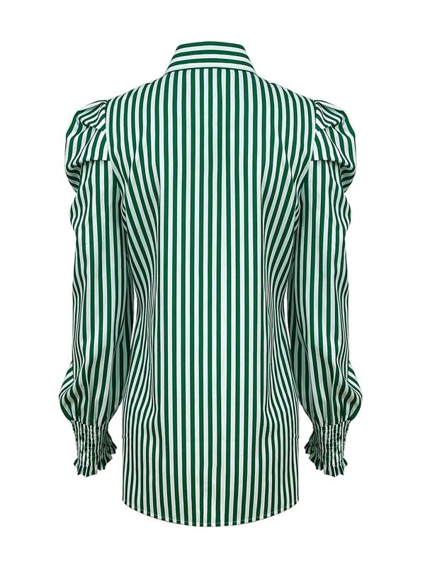 Women's Striped Print Button Front Long Sleeve Blouse, Casual Puff Sleeve Collar Top for Summer, Fashion Women's Clothing for Daily Wear