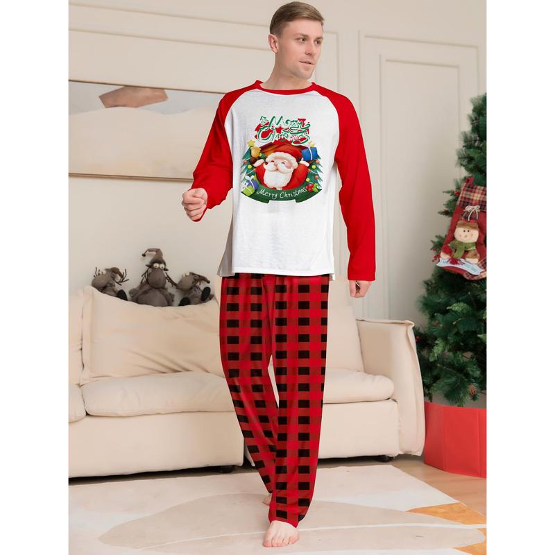 Red Christmas Pajamas For Family Santa Print Long Sleeve Round Neck Tops Romper Plaid Trousers