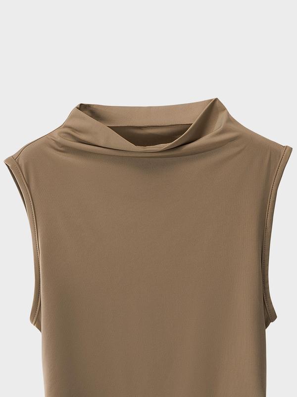 Women's Solid Ruched Mock Neck Tank Top, Casual Sleeveless Top for Summer, Ladies Clothes for Daily Wear