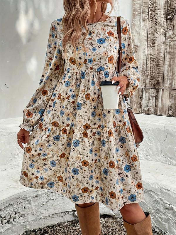 Women's Floral Print Ruffle Hem Flounce Sleeve Dress, Elegant Long Sleeve Round Neck Knee Length Dress for Vacation Holiday Wedding Guest, Ladies Fall & Winter Clothes