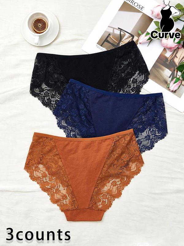 Plus 3pcs Floral Lace High Waist Knicker, Soft Comfy Breathable Panty For Daily Wear, Women's Underwear Bottoms For All Seasons