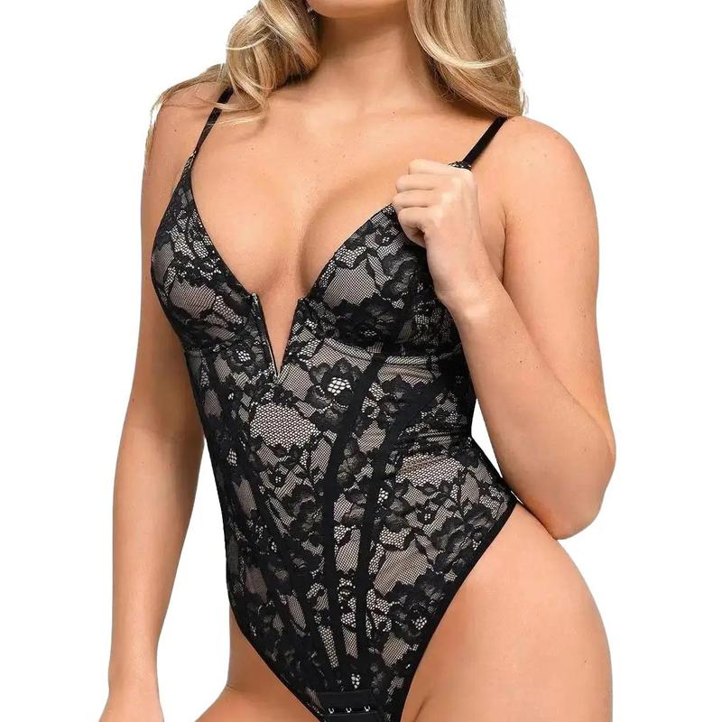 Popilush Lace Corset Style Deep-V Neck Shapewear Bodysuit Official Live