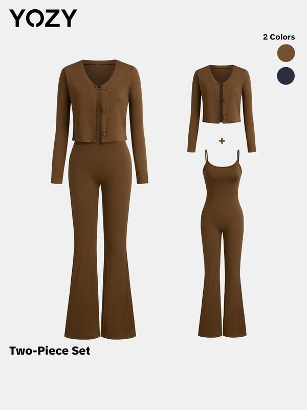 YOZY Two-Piece Set Women's Solid Ribbed Set, Casual Button Front V Neck Long Sleeve Top & Cami Flare Leg Jumpsuit Set for Daily Wear, Ladies Two-Piece Outfits for All Seasons