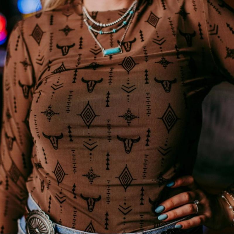 Brown Aztec Steer Sheer Top See Through Mesh Top