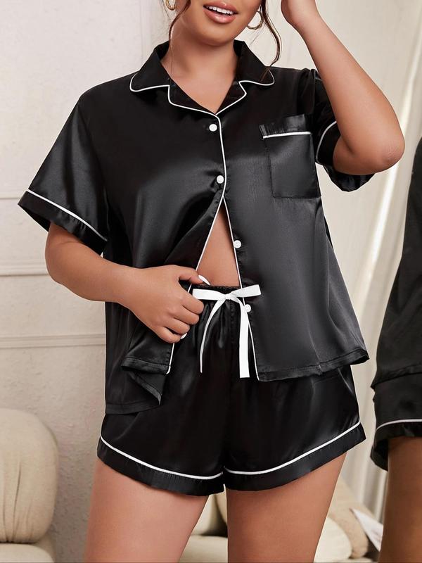  2 Counts Back To School Contrast Binding Pajama Set, Short Sleeve Button Front Shirt & Bow Decor Elastic Waist Shorts, Lounge Set, Women's Clothing, Pajama Sets Women