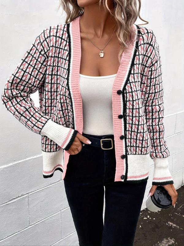 Women's All Over Print Button Front Cardigan, Womenswear Fitted Knitting Tops, Comfort Breathable Casual Drop Shoulder Longsleeves Knitwear for Fall, Fall Outfits, Fallfreshness, Preppy 80s Clothes