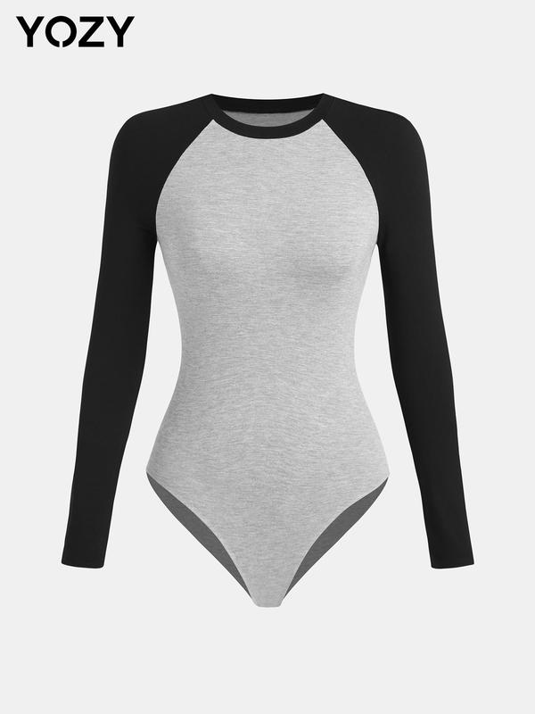 YOZY Women's Colorblock Raglan Sleeve One-piece Bodysuit, Casual Long Sleeve Round Neck Bodysuit for Daily Wear, Ladies Clothes for All Seasons