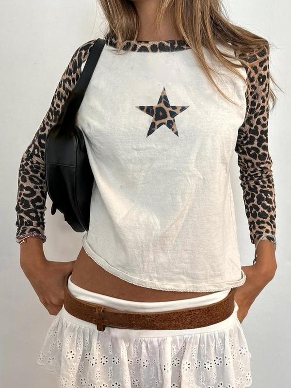 Women's Leopard & Star Print Raglan Sleeve Tee, Casual Long Sleeve Round Neck T-shirt for Fall & Winter, Women's Clothing for Daily Wear