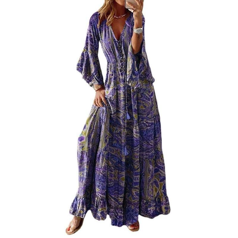 2024 Bohemian Flare Sleeve Printed V-neck High Waist Holiday Dress Floral Female Dress