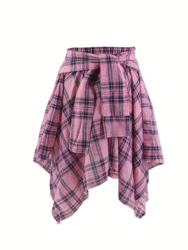 Women's Plaid Print Knot Front Asymmetrical Hem A Line  Short Skirts , Retro Elastic Waist Knee Length Skirt for Daily Wear, Graphic Skirts, Ladies Bottoms for All Seasons