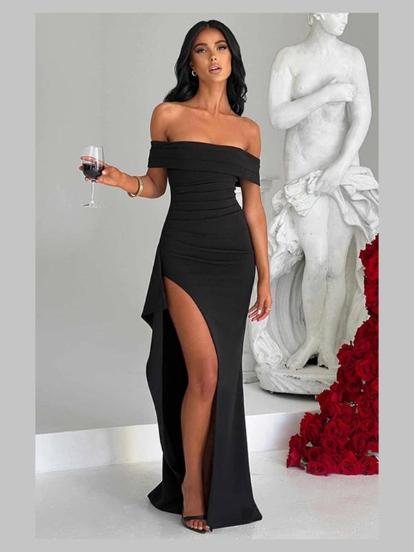 Women's Off The Shoulder Ruched Split Thigh Bodycon Dress, Elegant Solid Color Maxi Dress for Party Evening Formal Occasions, Ladies Spring & Fall Clothes