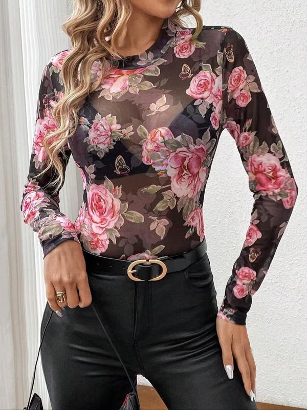 Women's Floral Print Sheer Tulle Tight Sleeve Tee, Elegant Long Sleeve Round Neck Top for Daily Wear, Ladies Clothes for All Seasons