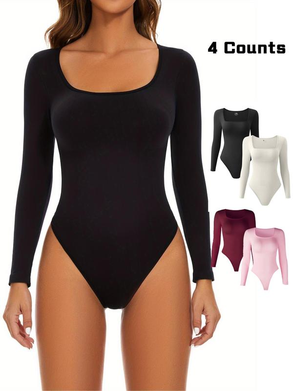 Women's Solid Long Sleeve Square Neck Shapewear Bodysuit, Casual Comfy Tummy Control Bodysuit for Daily Wear, Women's Shapewear for Spring & Fall