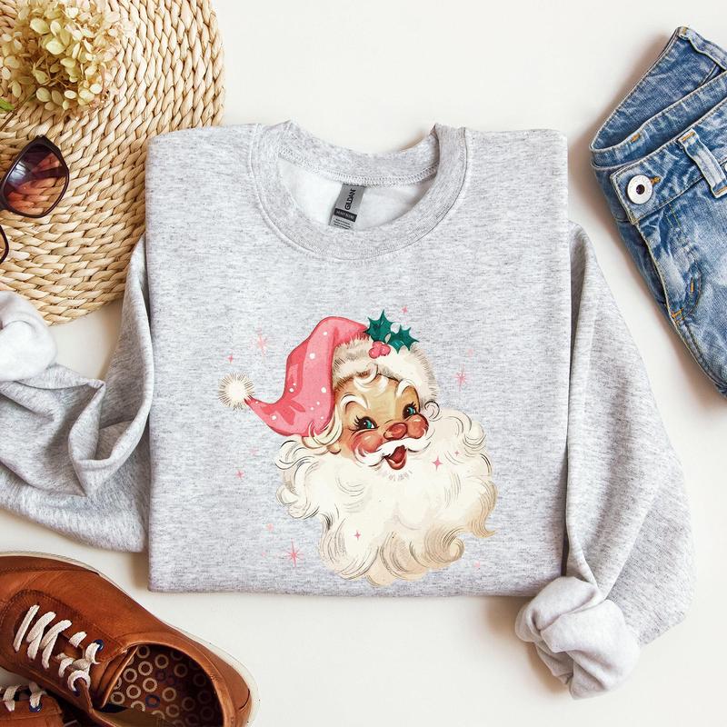 Retro Santa, Pink Christmas Sparkles, Vintage, Winter, Snow, Xmas Sweatshirt, Women's Crew Neck, Crewneck