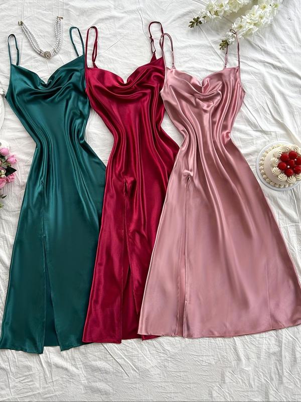 Women's Solid Backless Split Thigh Satin Cami Nightdress, Adjustable Spaghetti Strap Nightgown, Women Nightwear, Women's Sleepwear for Fall & Winter