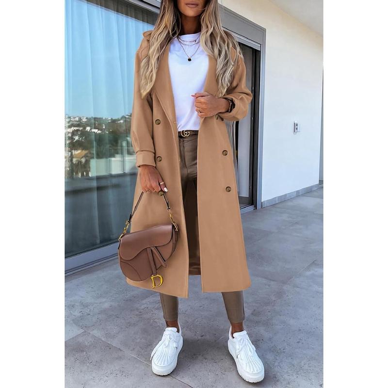 Fisoew Women's Long Coat Notched Lapel Collar Double Breasted Pea Coat Winter Elegant Wool Blend Over Coats Jackets NX2274