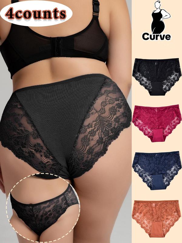 Plus 3pcs Floral Lace High Waist Knicker, Soft Comfy Breathable Panty For Daily Wear, Women's Underwear Bottoms For All Seasons