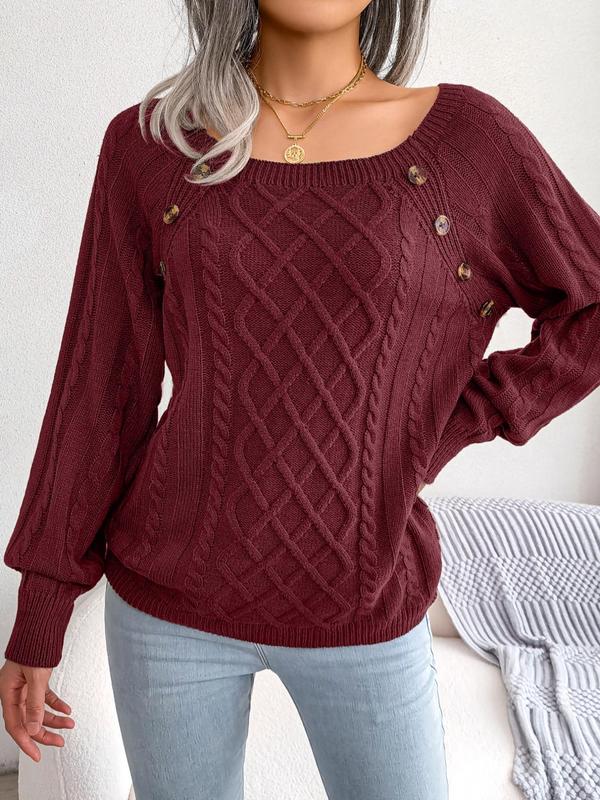 Plus Size Solid Color Cable Knit Sweater, Casual Long Sleeve Boat Neck Jumper for Fall & Winter, Women's Plus Clothing for Daily Wear