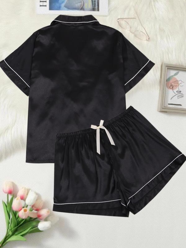  2 Counts Back To School Contrast Binding Pajama Set, Short Sleeve Button Front Shirt & Bow Decor Elastic Waist Shorts, Lounge Set, Women's Clothing, Pajama Sets Women