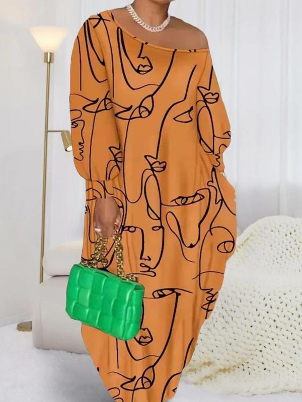  All Over Abstract Print Tee Maxi Dresses 2024, Casual Long Sleeve Asymmetrical Neck T-shirt Dress, Back To School Outfits, Women's Clothes, Birthday Dresses 2024, Plus Size Fall Clothing