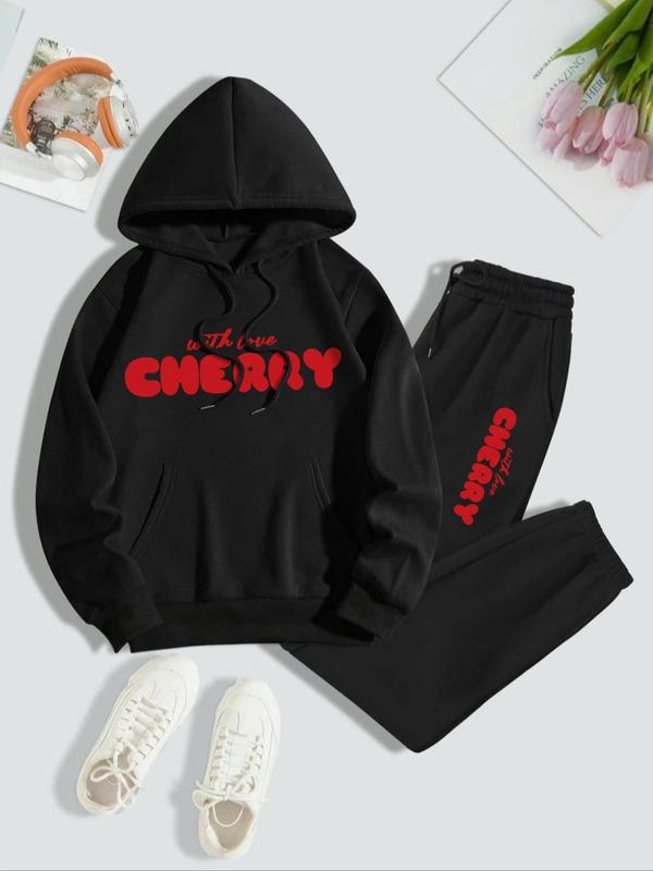 Two-piece Set Women's Cherry and Letter Print Thermal Lined Hoodie & Drawstring Waist Sweatpants, Casual Fashion Cozy Breathable Two Piece Outfits for Daily Wear, Sweatsuits for Women, Ladies Fall & Winter Clothes