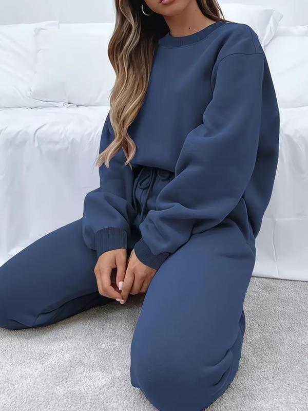  Two-piece Set Solid Drop Shoulder Sweatshirt & Pocket Drawstring Waist Sweatpants Set, Casual Fashion Cozy Breathable Two-piece Outfits for Daily Outdoor Wear, Pants Suit Sets for Women, Women's Clothing for Fall & Winter