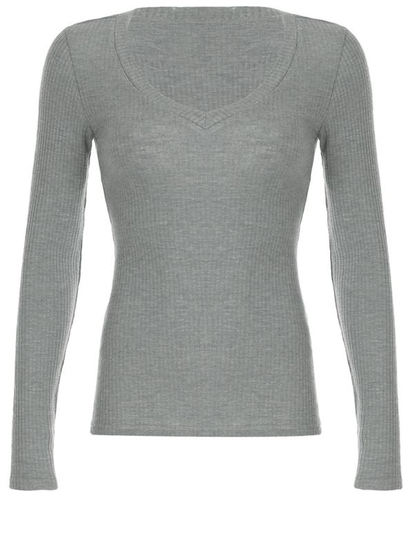 Women's Solid V Neck Long Sleeve Tee, Casual Basic T-shirt for Fall & Winter, Women's Top for Daily Wear