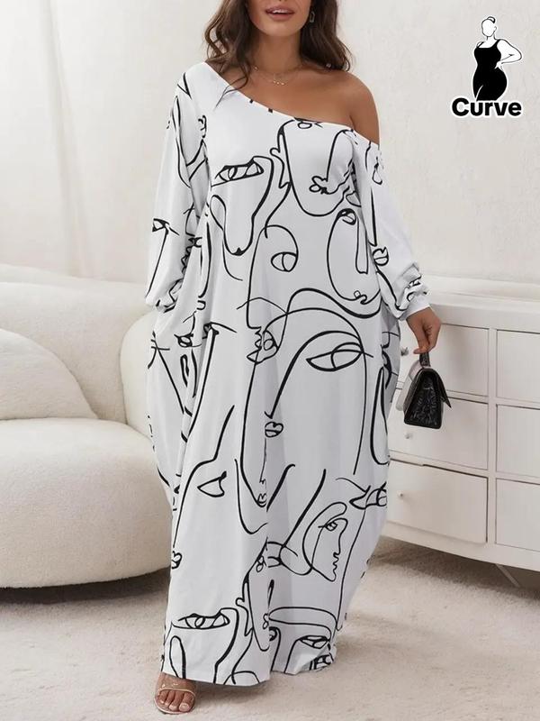  All Over Abstract Print Tee Maxi Dresses 2024, Casual Long Sleeve Asymmetrical Neck T-shirt Dress, Back To School Outfits, Women's Clothes, Birthday Dresses 2024, Plus Size Fall Clothing