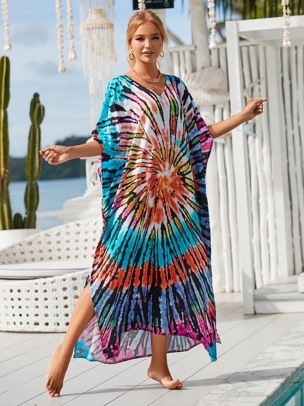 Women's All Over Print Batwing Sleeve Side Split Kaftan Dress, Summer Clothes Women, Casual Printed Half Sleeve V Neck Loose Dress, Women's Dress For Summer