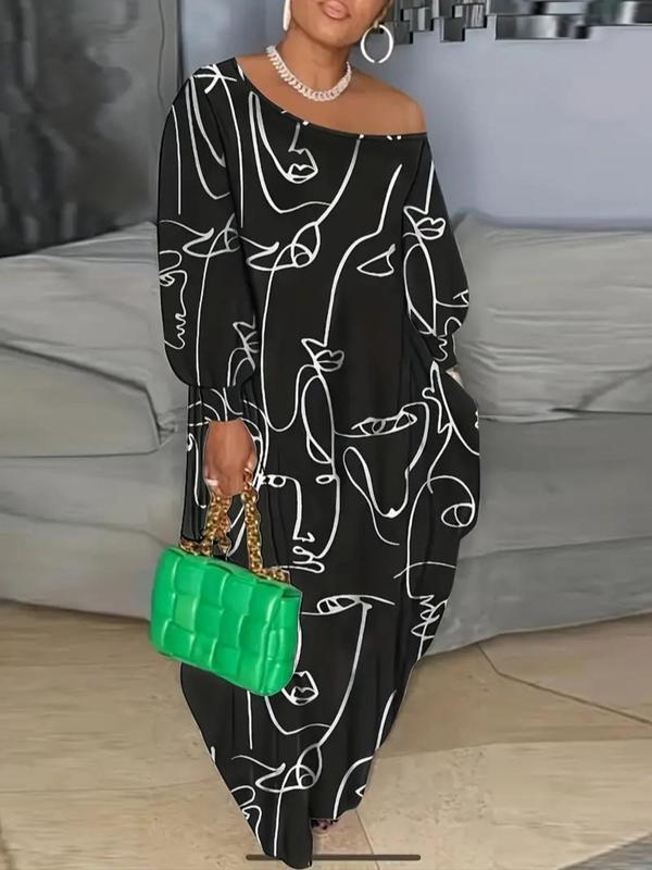  All Over Abstract Print Tee Maxi Dresses 2024, Casual Long Sleeve Asymmetrical Neck T-shirt Dress, Back To School Outfits, Women's Clothes, Birthday Dresses 2024, Plus Size Fall Clothing