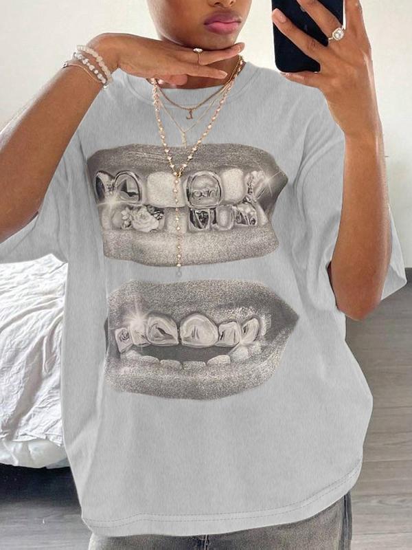 Women's Lip Print Drop Shoulder Tee, Cute Casual Graphic Half Sleeve Round Neck T-Shirt for Summer, Fashion Women's Top for Daily Wear