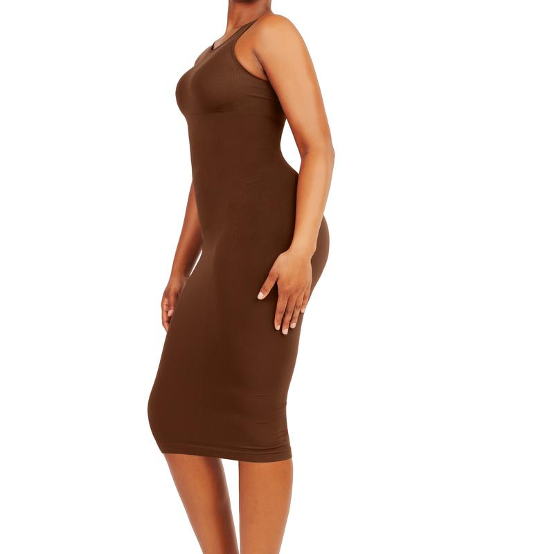 Soo slick Tummy control waist snatching Midi dress with removable padding I Shapewear dress with reversible neckline bodyshaper high neck and scoop neck | sleeveless sculpting bodycone Womenswear Underwear Lady Compression Comfort Basic Minimalist