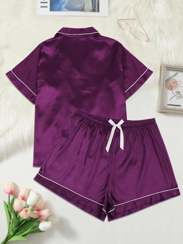  2 Counts Back To School Contrast Binding Pajama Set, Short Sleeve Button Front Shirt & Bow Decor Elastic Waist Shorts, Lounge Set, Women's Clothing, Pajama Sets Women