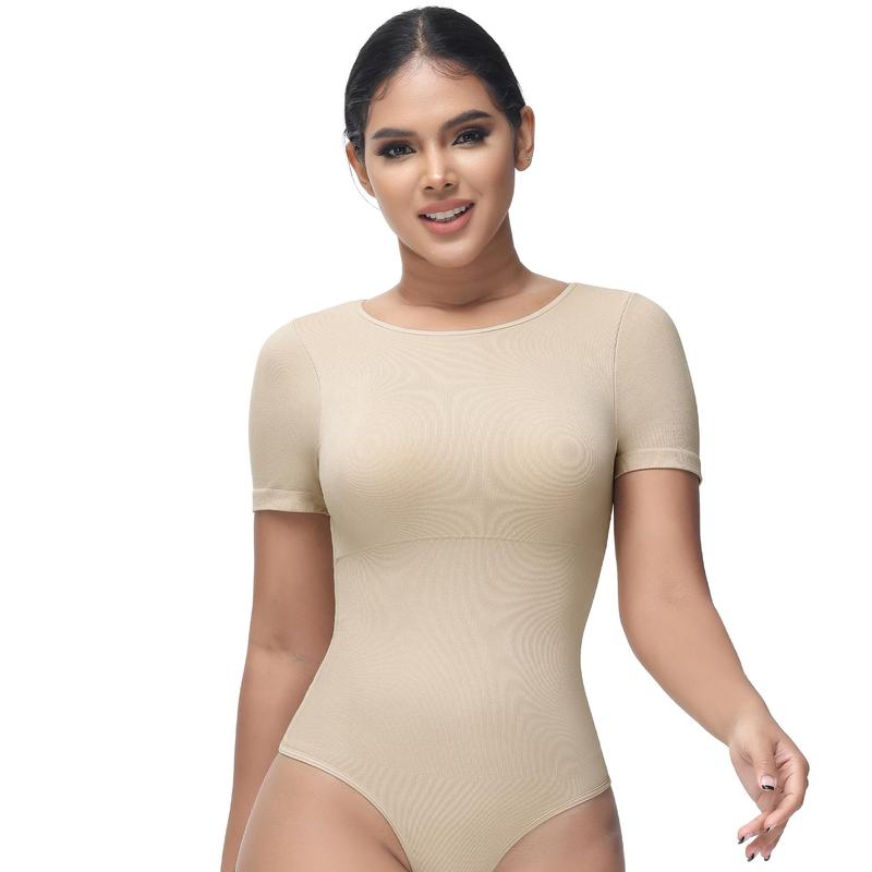 Soo Slick Women's Tummy Control Bodysuit – Crew Neck, Short Sleeve, Thong Sculpting Shapewear with Removable Padding for Comfort & Style Minimalist