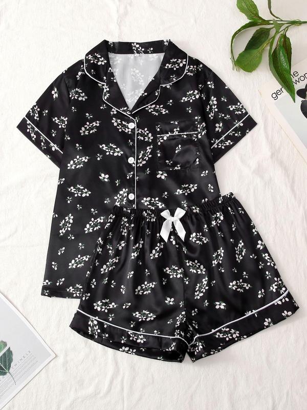 2 Counts Women's Ditsy Floral Print Bow Front Satin Pyjama Set, Casual Short Sleeve Shirt & Elastic Waist Shorts, Women's Nightwear, Summer Clothes Women