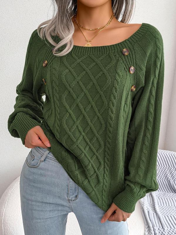 Plus Size Solid Color Cable Knit Sweater, Casual Long Sleeve Boat Neck Jumper for Fall & Winter, Women's Plus Clothing for Daily Wear