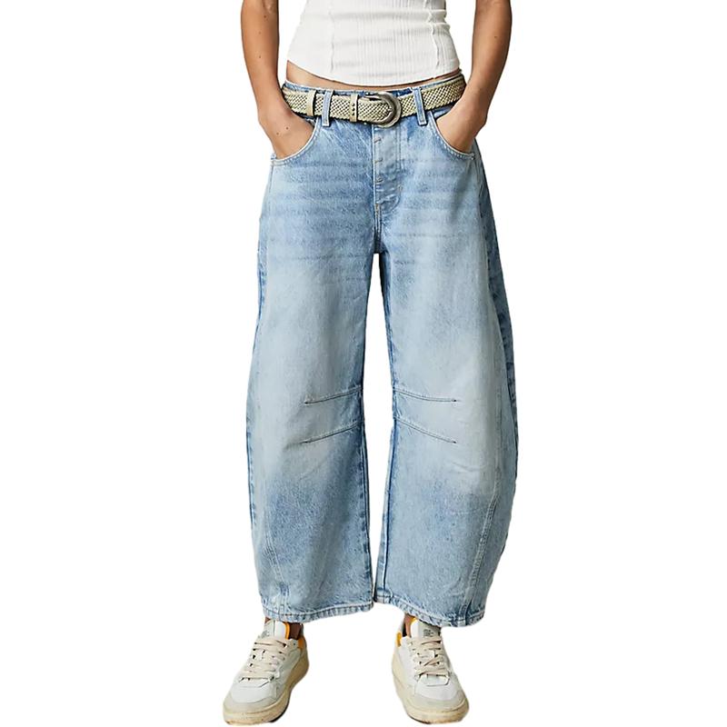 High Stretch Mid-Rise Barrel Jeans Fashion wide Leg Shape Women Casual Baggy Mid Waist Denim Jeans