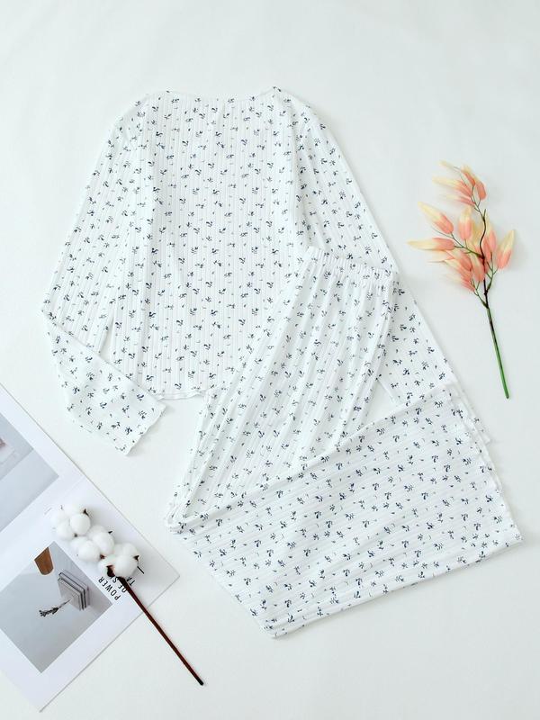 Two-Piece Set Women's Ditsy Floral Print Top & Pants Pyjama, Casual Comfy Long Sleeve Top & Trousers PJ Set, Women's Sleepwear for Spring & Fall