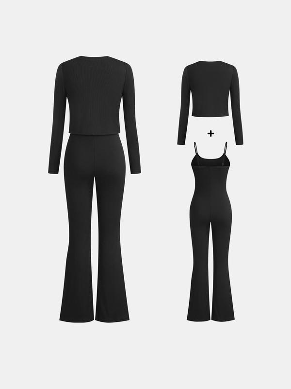 YOZY Two-Piece Set Women's Solid Ribbed Set, Casual Button Front V Neck Long Sleeve Top & Cami Flare Leg Jumpsuit Set for Daily Wear, Ladies Two-Piece Outfits for All Seasons