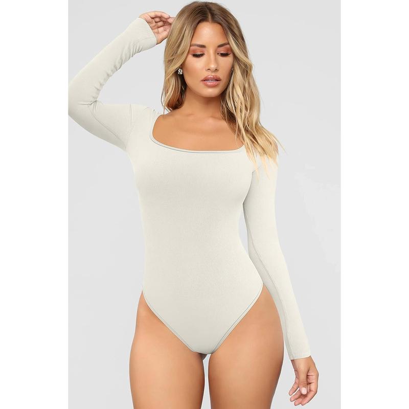 OQQ Women's 2 Piece Bodysuits Sexy Ribbed One Piece Square Neck Long Sleeve Bodysuits