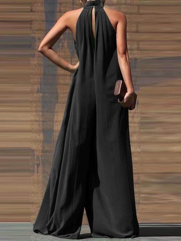 Women's Solid Backless Pleated Wide Leg Jumpsuit, Casual Sleeveless Halter Jumpsuit for Daily Wear, Ladies Clothes for All Seasons