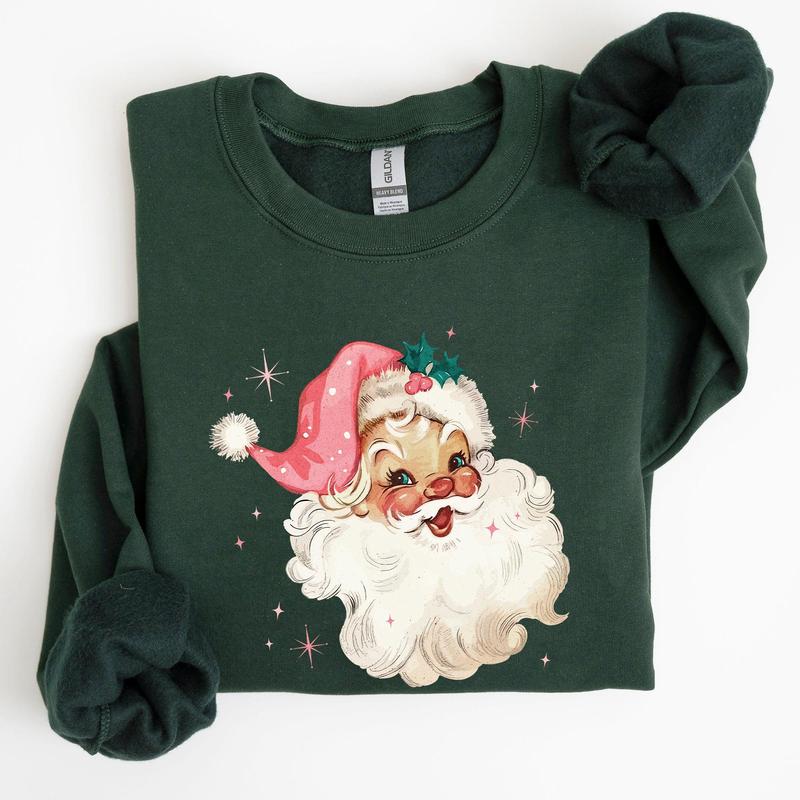 Retro Santa, Pink Christmas Sparkles, Vintage, Winter, Snow, Xmas Sweatshirt, Women's Crew Neck, Crewneck