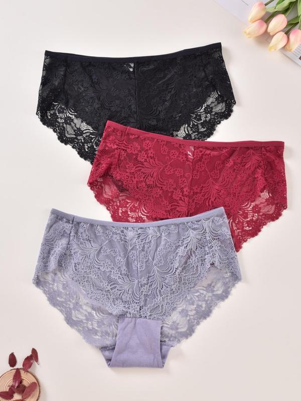 Plus 3pcs Floral Lace High Waist Knicker, Soft Comfy Breathable Panty For Daily Wear, Women's Underwear Bottoms For All Seasons