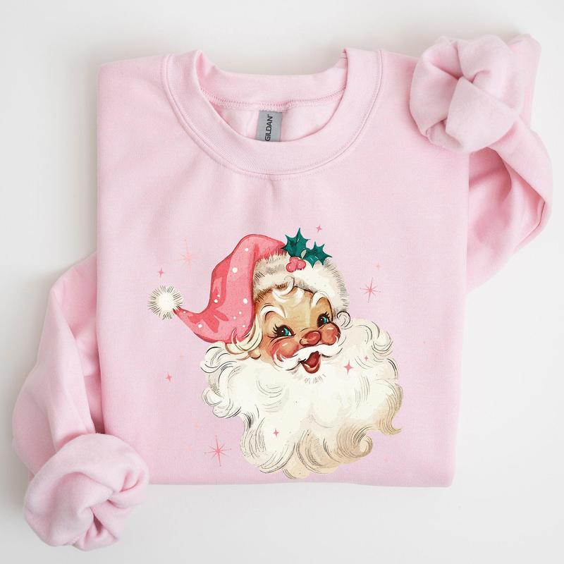 Retro Santa, Pink Christmas Sparkles, Vintage, Winter, Snow, Xmas Sweatshirt, Women's Crew Neck, Crewneck